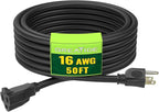 Indoor Outdoor Extension Cord 50 FT, 16/3 SJTW Weatherproof Black Electrical by GREATIDE