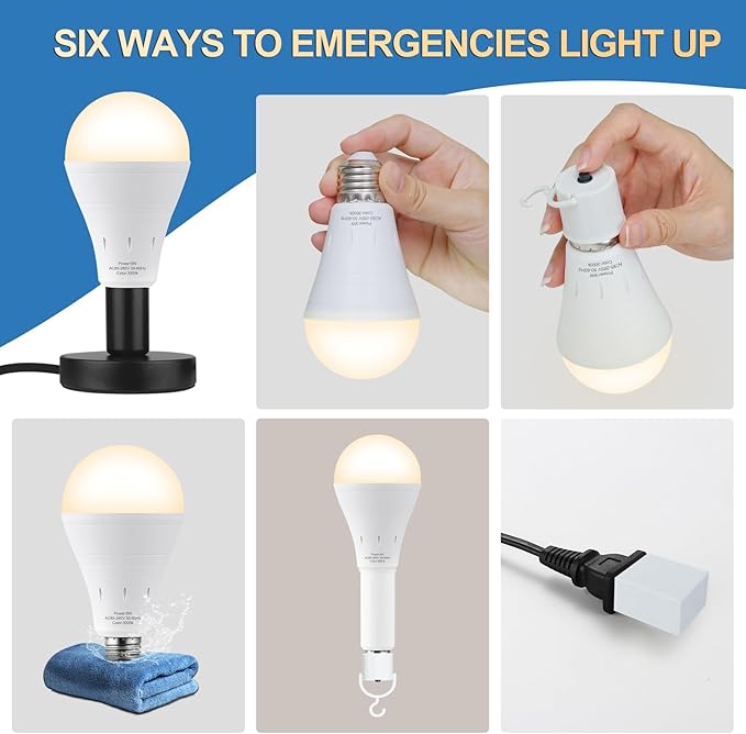 3Pack Rechargeable Emergency Light Bulb, A19 9W Warm White 3000K Self-Charging - Image 7