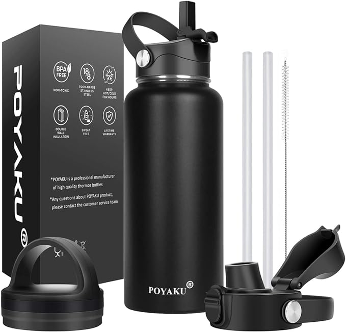 Water Bottle Insulated 32oz 40oz 64oz 128oz Straw Lid Spout Lid & 3 Lids by POYAKU