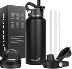 Water Bottle Insulated 32oz 40oz 64oz 128oz Straw Lid Spout Lid & 3 Lids by POYAKU