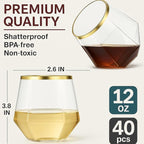 Oojami 40 count Diamond 12 Ounce Gold Rim Cups Unbreakable Stemless Plastic - Image 3