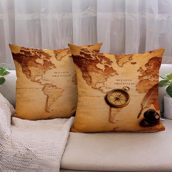 7COLORROOM Set of 2 Vintage World Map Pillow Covers Navigation Compass Square - Image 3
