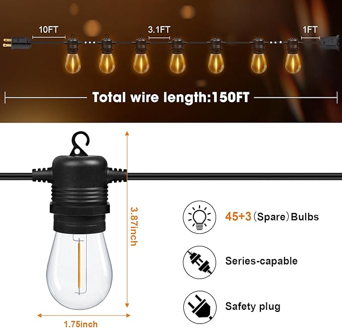 GvvooHome S14 LED Outdoor String Lights 150FT Patio Lights Outdoor Waterproof - Image 6
