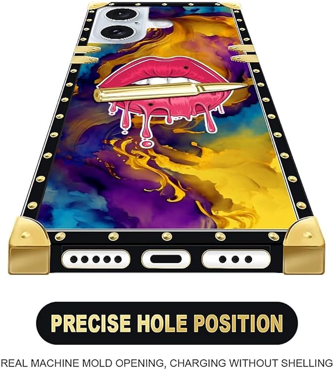 Compatible with iPhone 16 Case, Cool Corlorful Lip Marble Luxury Golden - Image 6