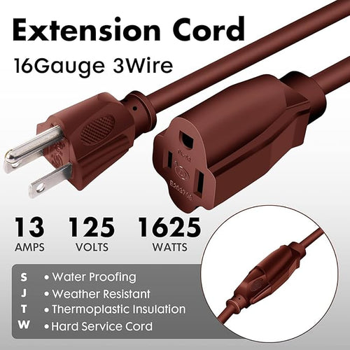 1ft Brown Extension Cord Waterproof, UL Listed, 16/3 SJTW Heavy Duty 3 Prong - Image 2