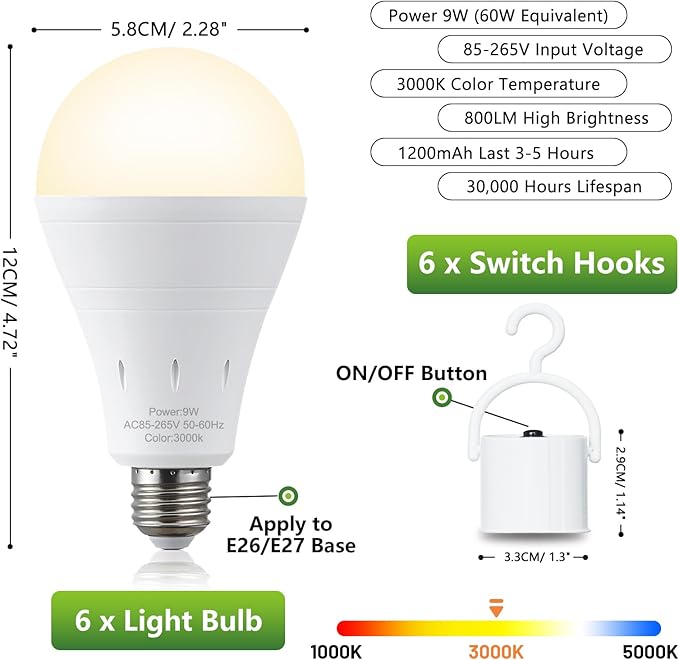 DEBAOBULB 6 Pack Rechargeable Emergency Light Bulbs, Battery Powered LED Light - Image 8