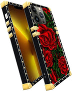 Compatible with iPhone 13 Pro Case, Vector Red Rose Green Leaf Luxury Golden - Image 3