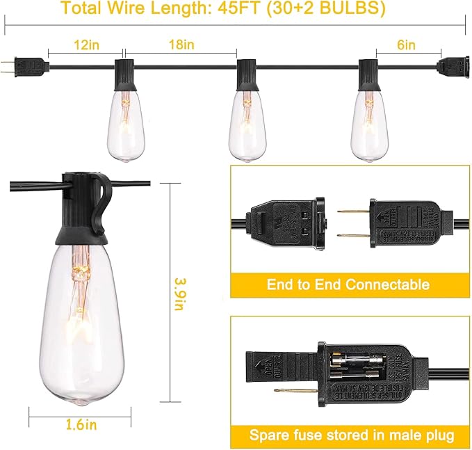 GOOTHY Outdoor String Lights 45Ft ST40 Vintage Patio Lights - Image 2