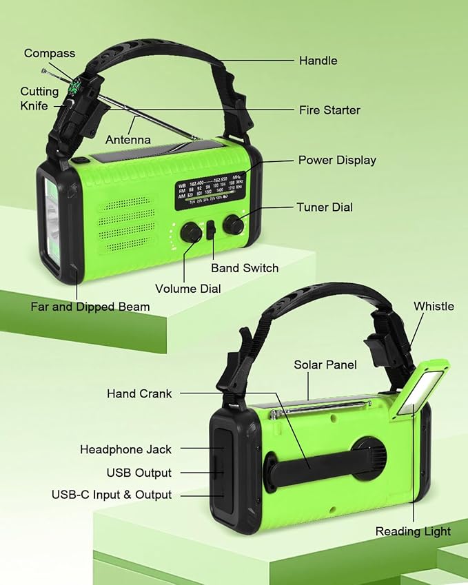 Emergency Crank Radio, 20000mAh / 74000mWh Solar Hand Crank Weather Radio - Image 6