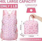 40l Foldable Pink Bow Backpack for Women Pink Waterproof Lightweight Packable - Image 3