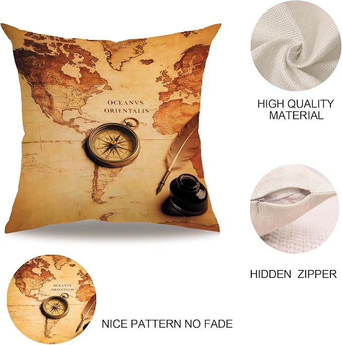 7COLORROOM Set of 2 Vintage World Map Pillow Covers Navigation Compass Square - Image 4