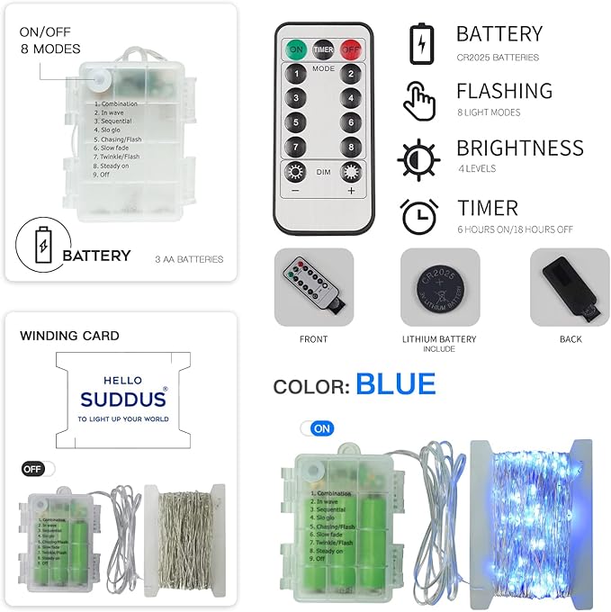 suddus Blue LED Christmas Lights Outdoor，200led 66ft Battery Operated Fairy - Image 6