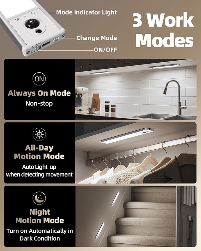 EZVALO 3-Pack Under Cabinet Lighting, 2400mAh Motion Sensor Light, LED Closet - Image 7