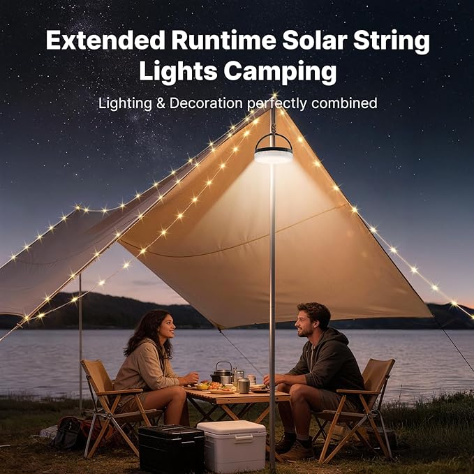 OGERY Solar Camping String Lights, 5400mAh/ 49.2FT/ 11 Modes Rechargeable - Image 2
