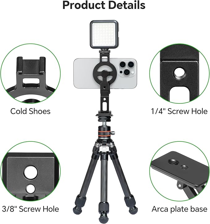 FANAUE Cell Phone Tripod Mount, Magnetic Aluminum Smartphone Stand Adapter - Image 2