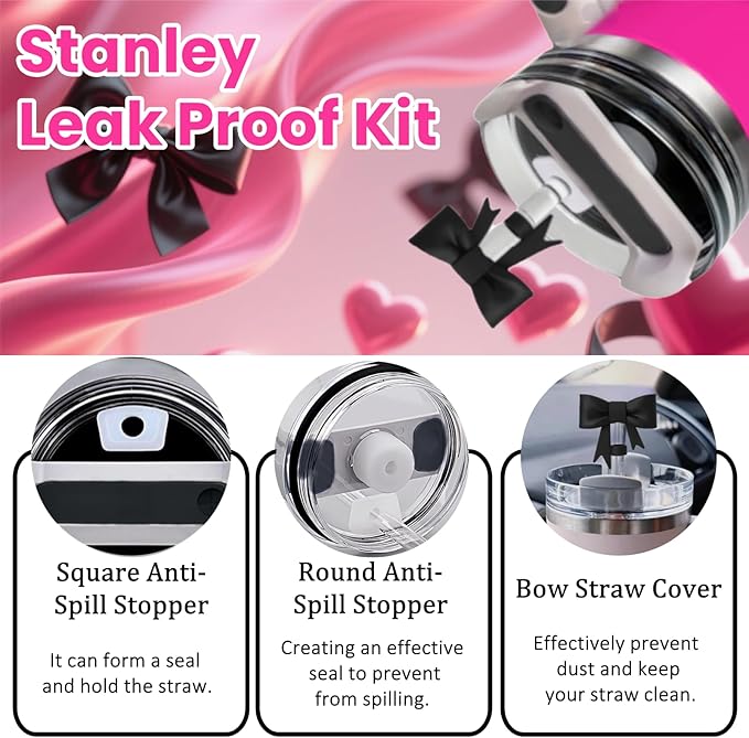 6pcs Black Stanley Cup Accessories Set, Bow Straw Topper - Image 4
