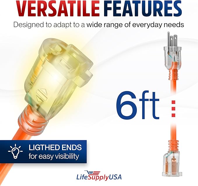 6ft Outdoor/Indoor Extension Cord 14/3 Gauge Heavy Duty 3 Prong SJTW, Waterproof - Image 6
