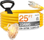 25 ft 10 Gauge Heavy Duty 3 Outlet Extension Cord Splitter by Deeklify