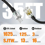 35 FT Outdoor Extension Cord Waterproof, 16/3 Gauge Heavy Duty 3 Prong Power - Image 2