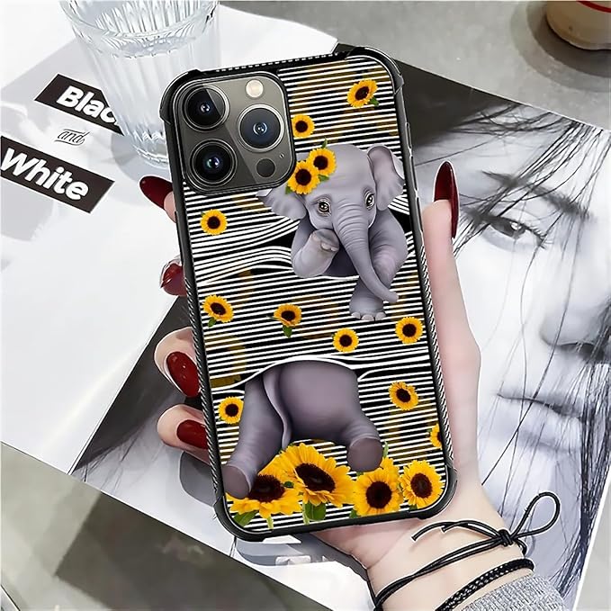 for iPhone 16 Pro Max Case, Cute Little Elephant Sunflower White Line Art - Image 7