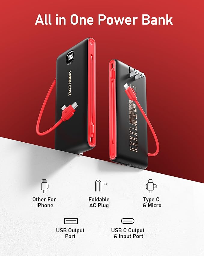 VEEKTOMX Portable Charger with Built in Cables 10000mAh, Power Bank - Image 2
