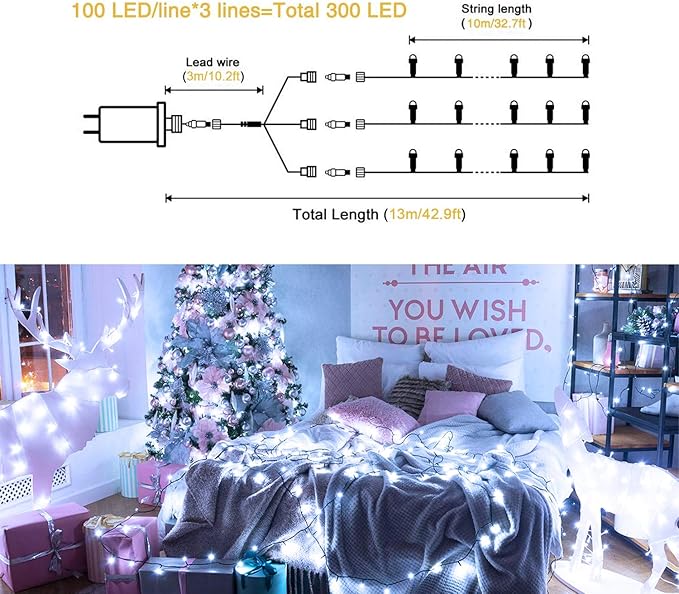 JMEXSUSS 300 LED White Christmas Lights, Outdoor Indoor, 8 Modes, Waterproof - Image 2