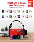 Emergency Crank Radio, 20000mAh / 74000mWh Solar Hand Crank Weather Radio - Image 4