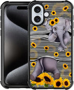 for iPhone 16 Plus Case, Cute Little Elephant Sunflower White Line Art Pattern by FKBRCL4U