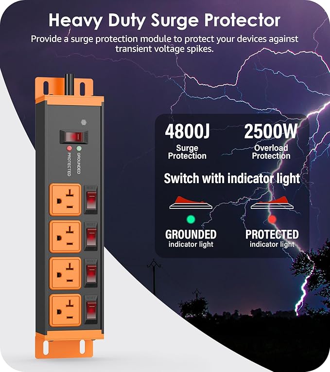 CCCEI Heavy Duty Surge Protector Power Strip 20 Amp Individual Switches. 4FT 12 - Image 2