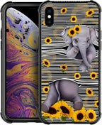 for iPhone Xs Max Case, Cute Little Elephant Sunflower White Line Art Pattern by FKBRCL4U
