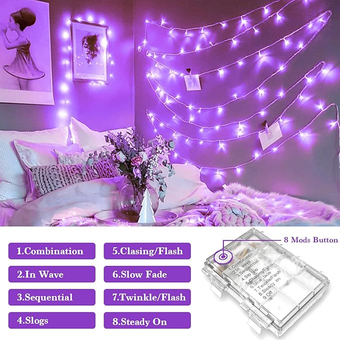 JMEXSUSS 33ft 100 LED Purple Christmas Lights, Battery Operated Christmas Lights - Image 5