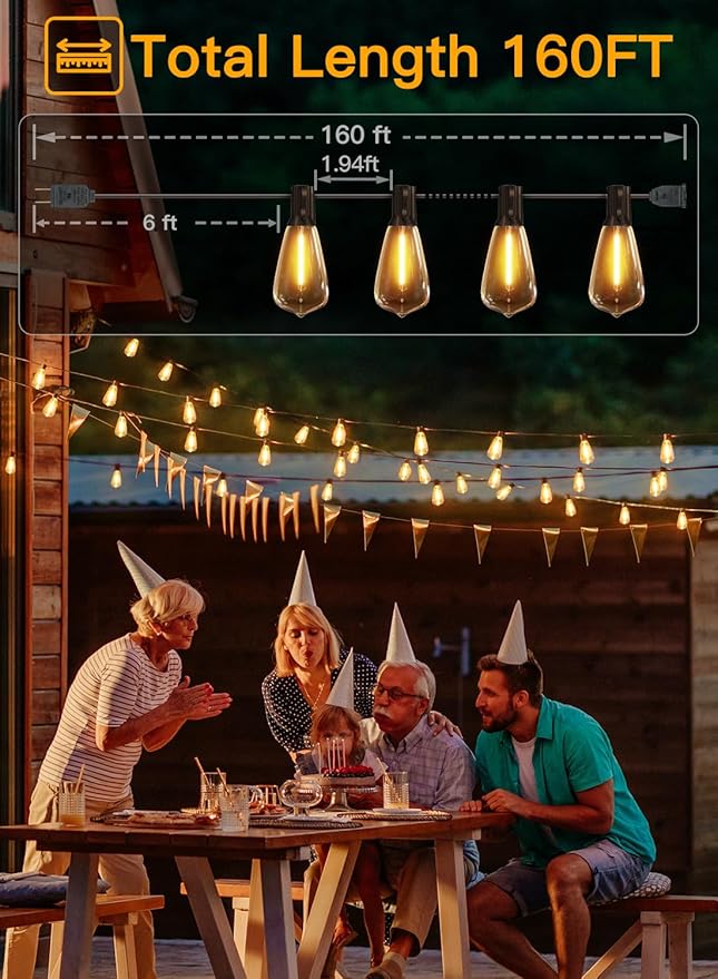 Ollny Outdoor String Lights 160FT, Shatterproof Connectable Patio Lights - Image 2