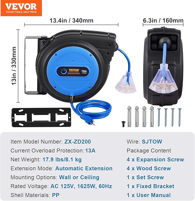 VEVOR 75FT Retractable Extension Cord Reel, 14AWG/3C SJTOW Heavy Duty Power - Image 7