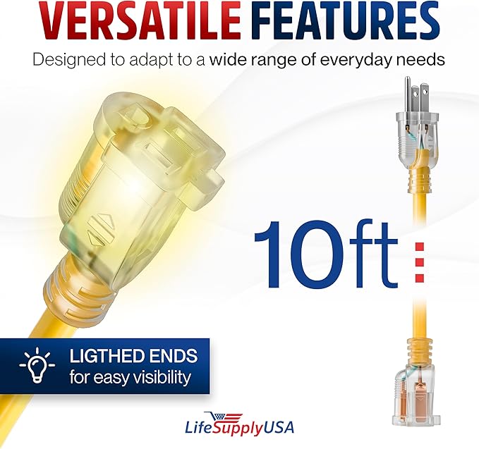 10ft Outdoor/Indoor Extension Cord 14/3 Gauge Heavy Duty 3 Prong SJTW, - Image 6