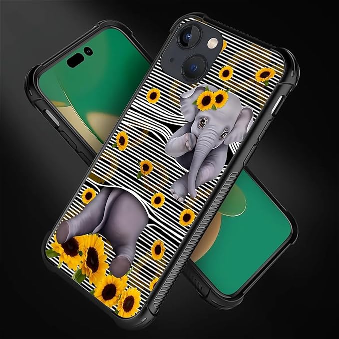 for iPhone 13 Case, Cute Little Elephant Sunflower White Line Art Pattern - Image 2