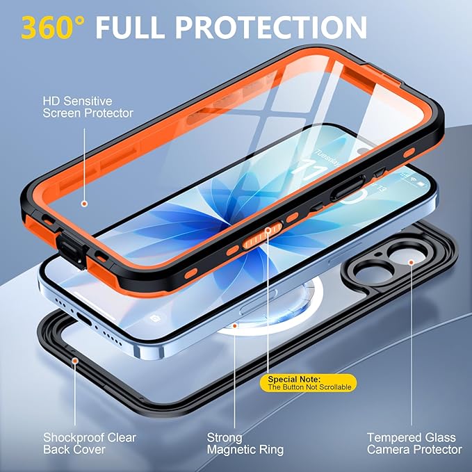 Red2Fire for iPhone 17 Case Waterproof, Phone Case 6.3" Orange/Clear - Image 5