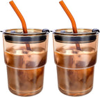 2 PCS Iced Coffee Cups with Lids, 15Oz/450ml Glass Cups With Lids and Straws by WelcomeToColnic