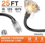 25 ft 12 Gauge Heavy Duty 3 Outlet Extension Cord Splitter - Image 2