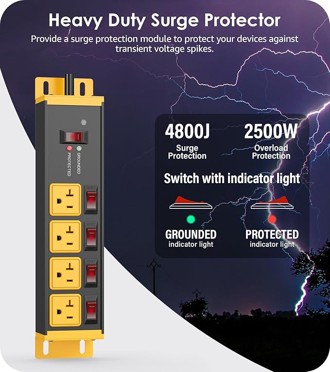 CCCEI Heavy Duty Surge Protector Power Strip 20 Amp Individual Switches. 15FT - Image 2