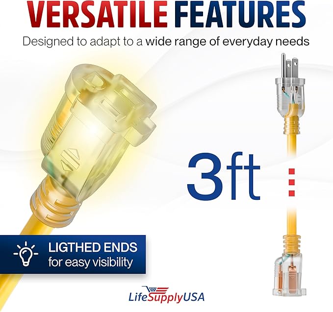 3ft Outdoor/Indoor Extension Cord 14/3 Gauge Heavy Duty 3 Prong SJTW, Waterproof - Image 6