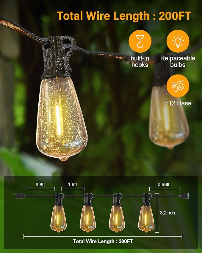 Doukedge 200FT LED Outdoor String Lights, 2700K LED Patio Lights Outdoor - Image 2