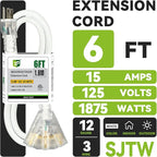 EP 3FT 12 Gauge Heavy Duty Extension Cord, 15A 125V 1875W, 3 Outlet - Image 2