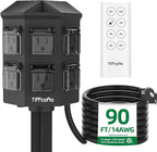 Outdoor Power Strip with 90FT Extension Cord, 100FT Remote Control, Dusk to by TiFFCOFiO