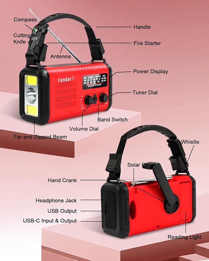 Emergency Crank Radio, 20000mAh / 74000mWh Solar Hand Crank Weather Radio - Image 8