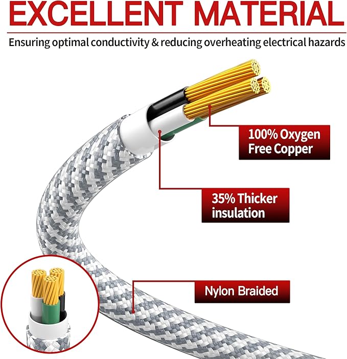 16/3 Flat Plug Braided Extension Cord 15 FT, Indoor 3 Prong Grounded Low - Image 2