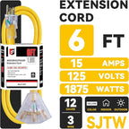 EP 6 Ft 12 Gauge Heavy Duty Extension Cord, 15A 125V 1875W, 3 Outlet - Image 2
