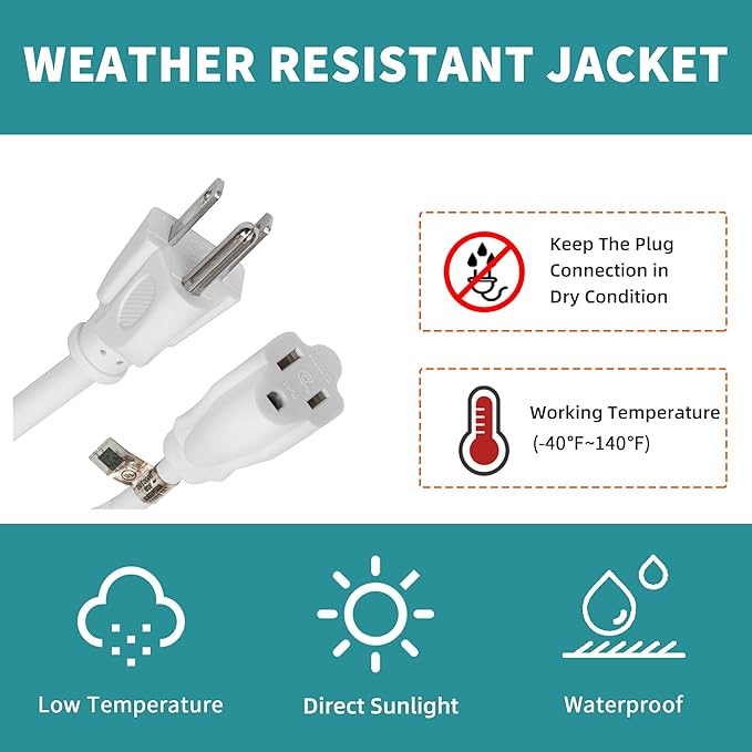 Indoor Outdoor Extension Cord Weatherproof, UL Certified, 16 Gauge 8FT White 3 - Image 7