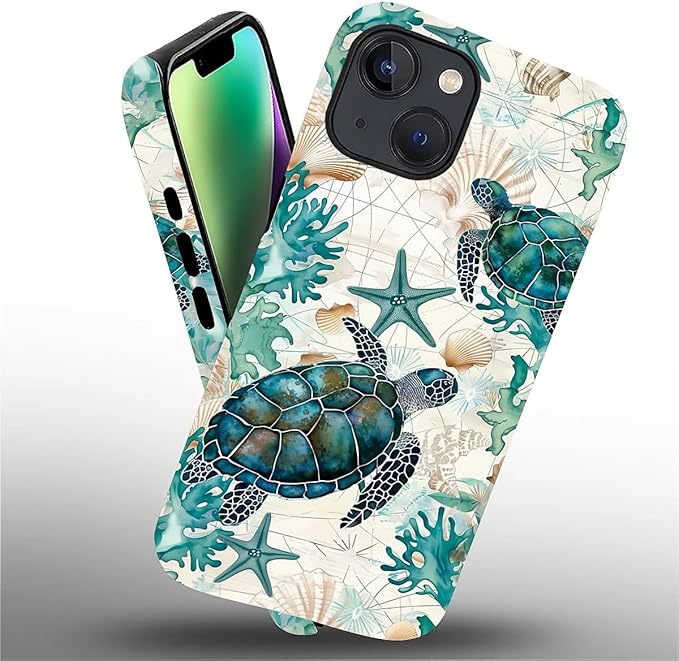 for iPhone 15 Plus Case, HH2 Ocean Sea Turtle Nautical Map Hybrid 2 Layer Hard - Image 2