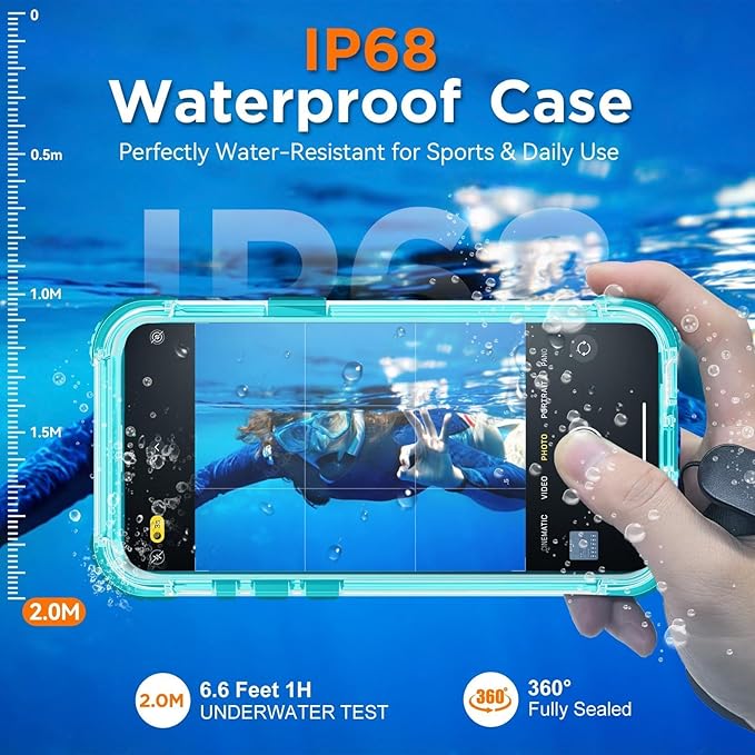 WIFORT Waterproof Phone Case for iPhone 15 Pro Teal | IP68 Underwater, Built-in - Image 2
