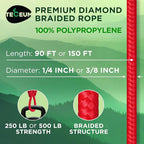 TECEUM Rope – 150 Feet x 1/4 Inch – Red – Strong All-Purpose Utility Rope – - Image 2